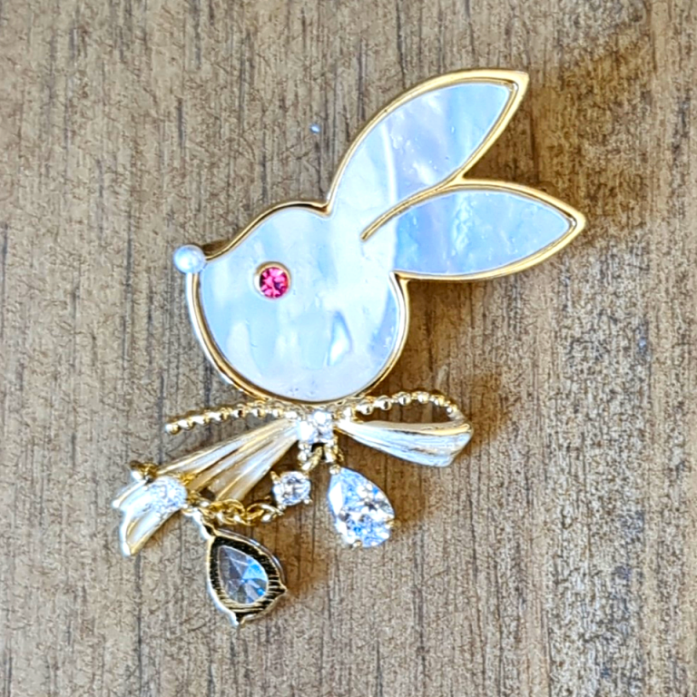 Gold Tone Rabbit Head Brooch Pin with White Inlay & Crystal Teardrop Dangle   