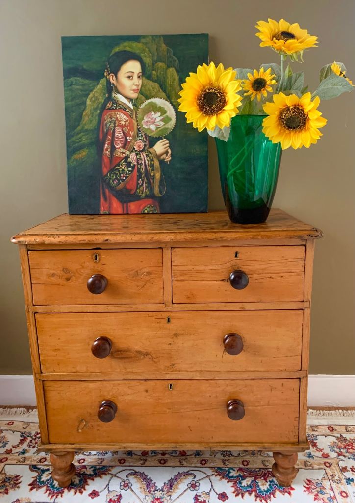 image for Antique Victorian Rustic Pine & Mahogany Bun Handle Chest of Drawers c1870