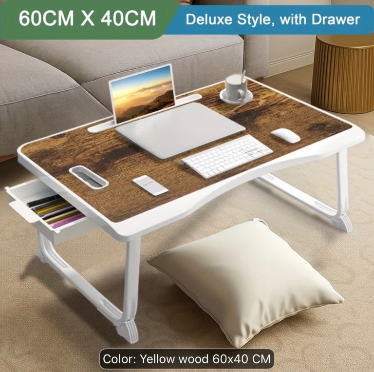 Portable Laptop Bed Desk – 60x40cm with Drawer, Yellow Wood