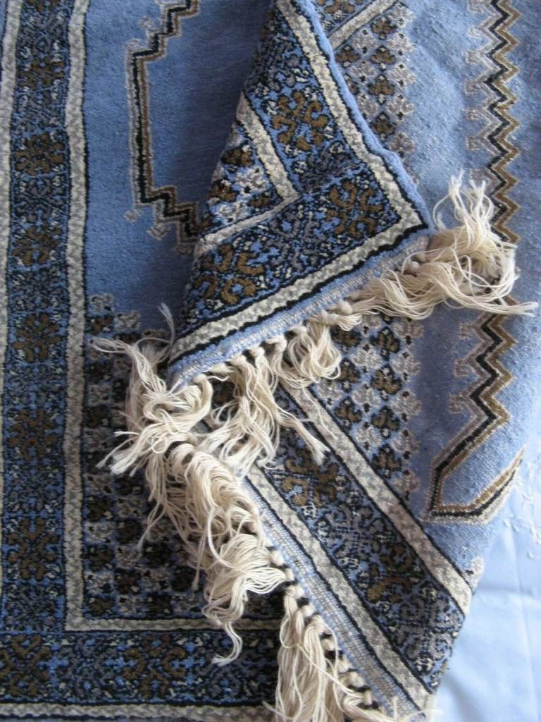 Moroccan Extra Superior hand knotted wool rug in blue, cream & brown. Not used.
