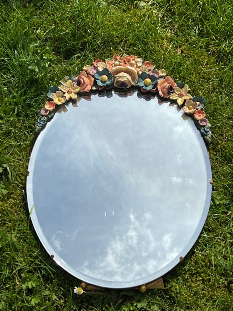 CHARMING VINTAGE ANTIQUE BARBOLA MULTI COLOUR FLORAL WOODEN FRAMED TABLE DRESSER MIRROR 