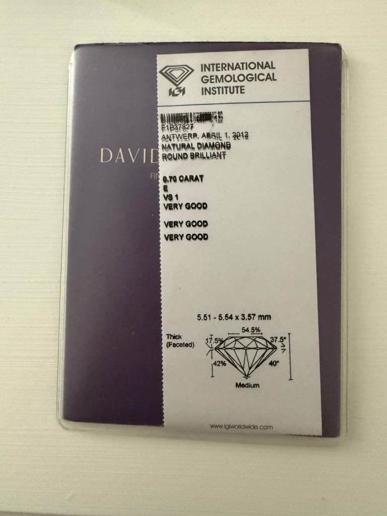 Diamond Engagement Ring, Colourless E/VS1 IGI, Platinum, Exc Cond £3,500 (RRP £4,950)