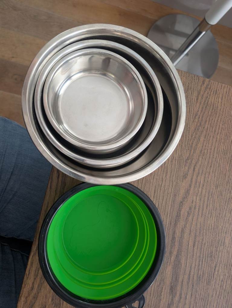 Stainless steel dog bowls and 1 silicone collapsible travel bowl