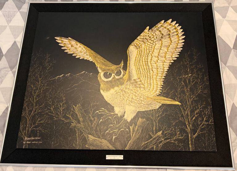 This is a Vintage Scratch Painting of “The Great Horned Owl” signed by Artist; Richard Reid Mason