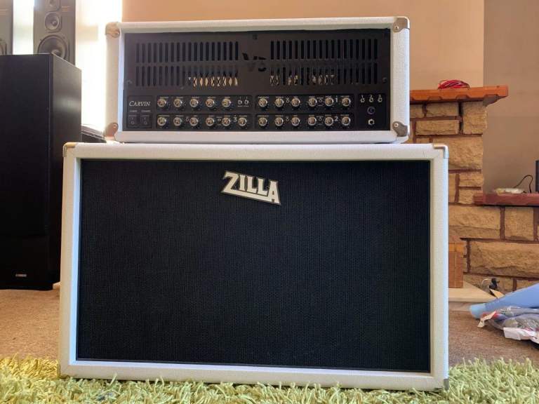 White Carvin V3 100w Tube Head and White Zilla 2x12 Cab and Footswitch