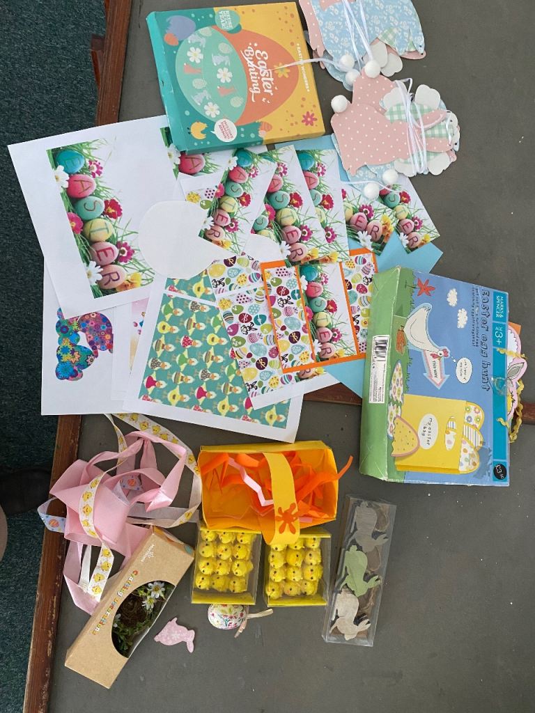 Easter art/craft, bunting, Easter chicks, M+S Easter egg hunt game. 
