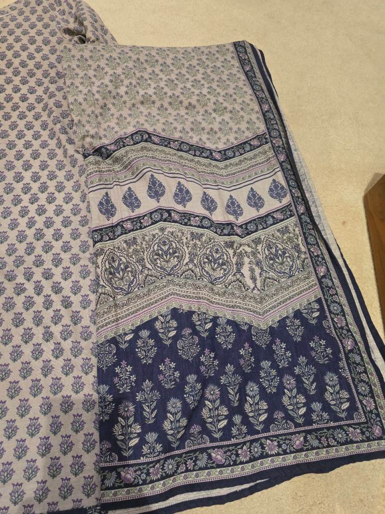 3-Piece Linen Suit Set (shirt , Trousers & Dupatta) Blue Floral Print – Size - Medium]
