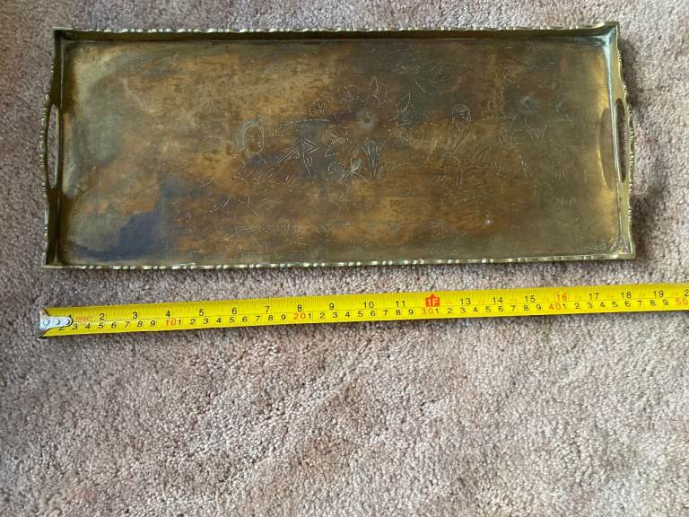 Antique Chinese tray, Asian etched brass tray -Reasonable offer accepted.