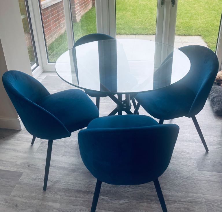 Modern Glass Dining Table with 4 Velvet Blue Chairs