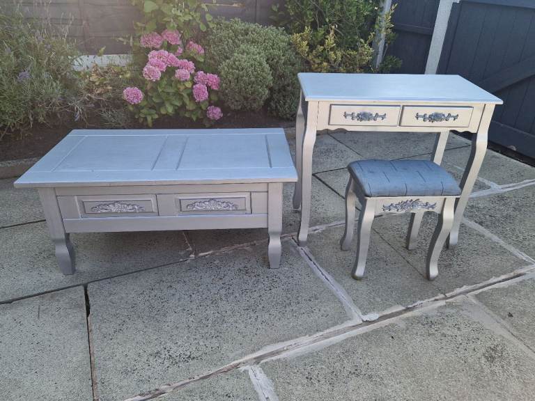 Grey Dressing Table, Stool, and Matching Coffee Table