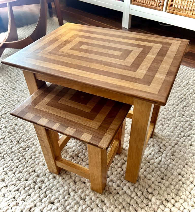 Pair of Geometric Design Solid Oak Nesting Tables