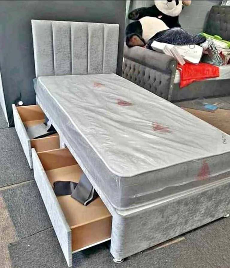 Single Upholstered Divan Bed with Drawers + Mattress - Brand New
