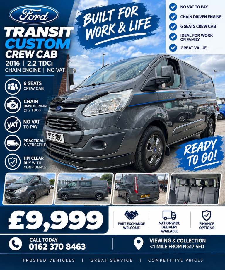 2016 Ford Transit CustomCrew Cab converted x6 seat ltd 2.2 chain engine  no Vat