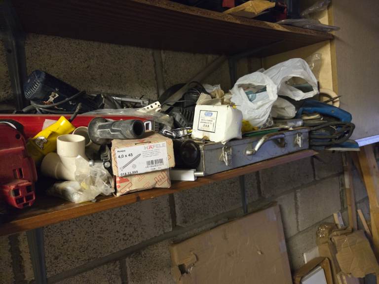 Melamine shelving, screws , fixing tools, 110v tools plumbing and electrical bits and pieces 
