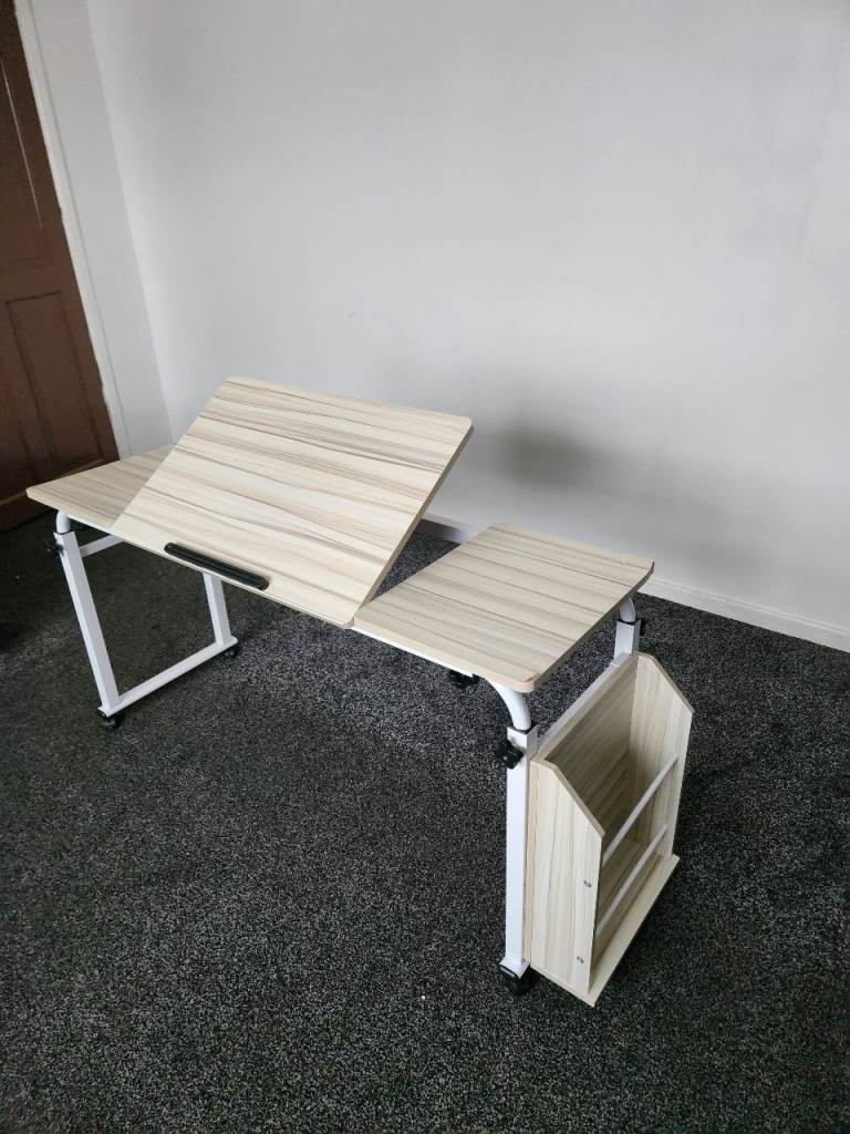 Height Adjustable Tilting Computer Desk with Side Storage – Light Wood & White