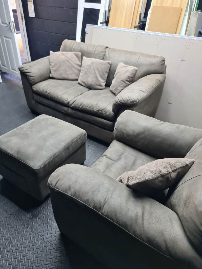Comfy Grey Fabric Suede look Sofa and Armchair with Storage Footstool