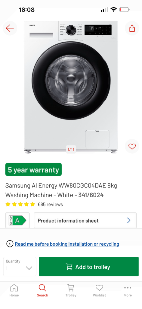Samsung 8kg Washing Machine – Like New – Energy Efficient (A Rated)
