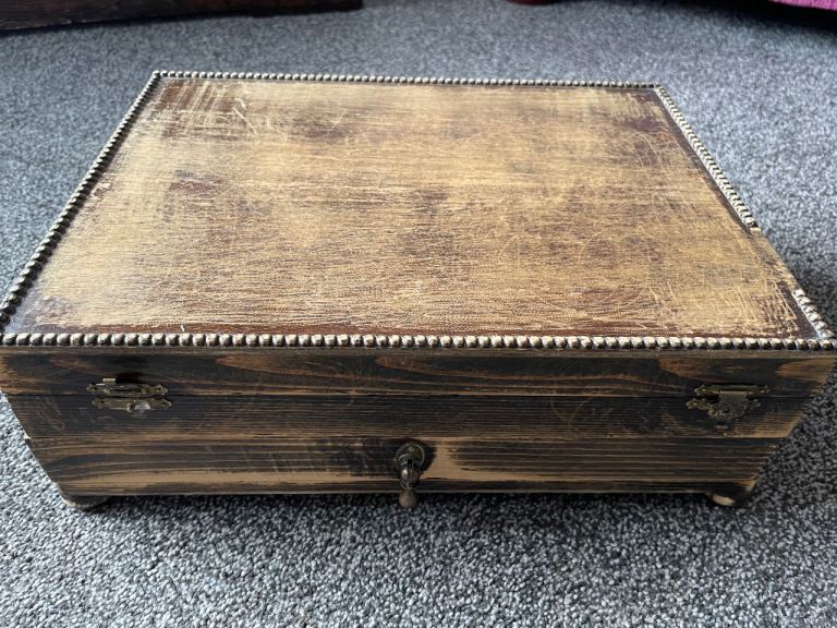 Antique Wooden Box Old Cutlery Holder Storage Wood Vintage Case Brass Latch