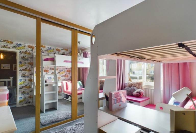 Loft Bed with Pull Out Sofa Bed and Desk in Pink