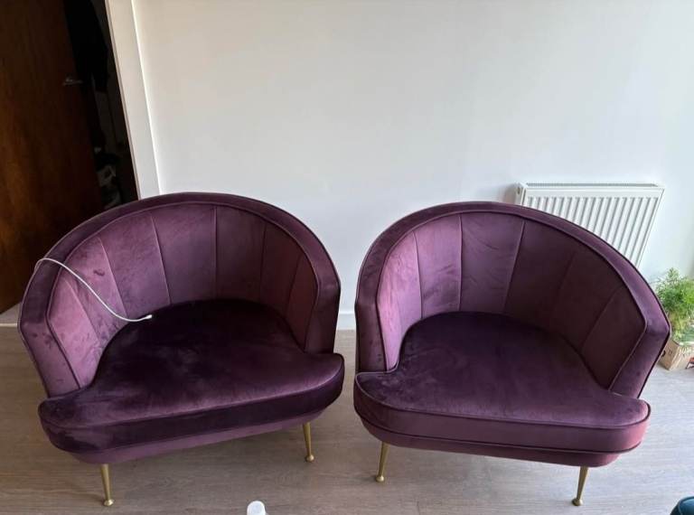 Pair of Comfortable Purple Velvet Armchairs - Almost New