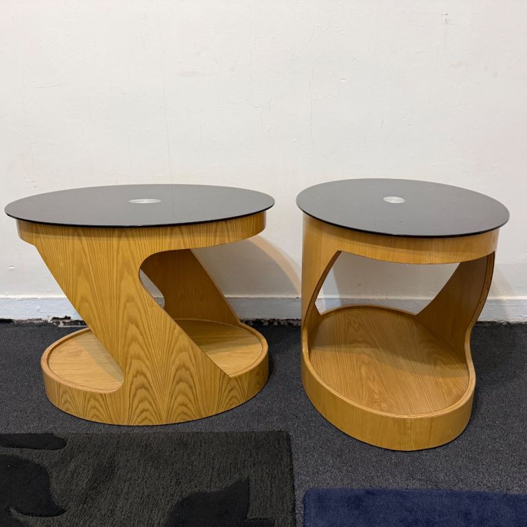 Pair of Jual Florence Lamp Tables JF304 – Oak & Black Glass – Excellent Condition