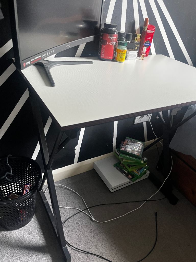 White and Black Desk – Good Condition, Sturdy Frame