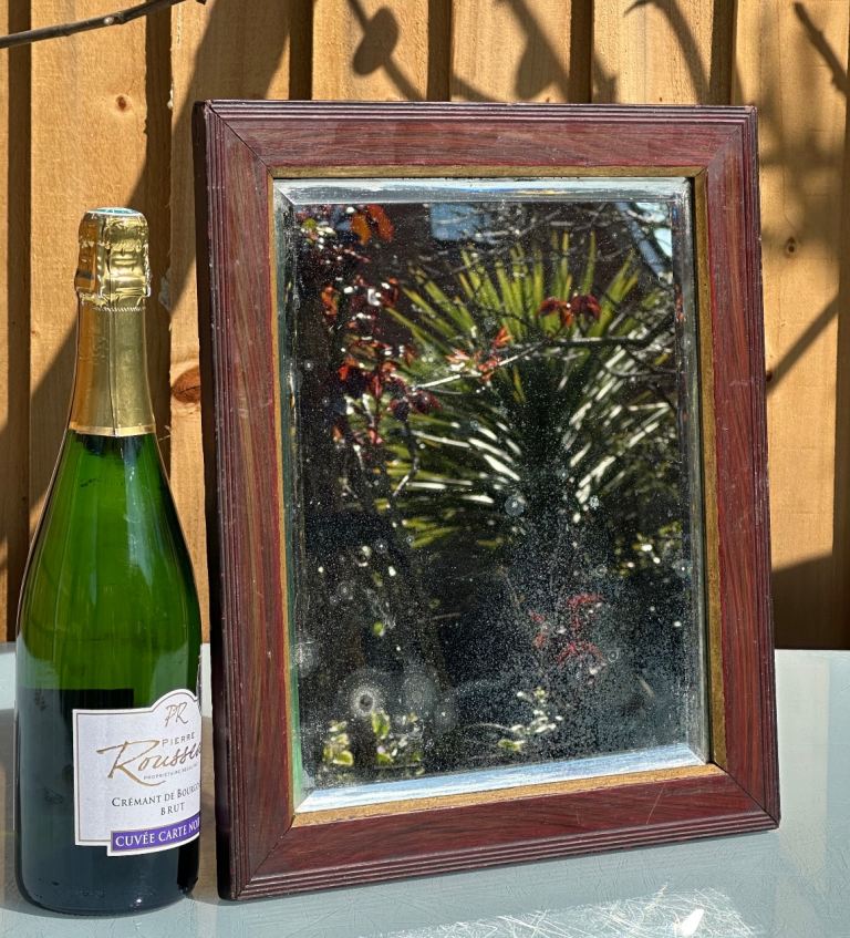 ANTIQUE FRENCH MIRROR, WOODEN ART DECO WALL MIRROR, BEVEL EDGE, GILDED - 37x31cm - WILL POST!