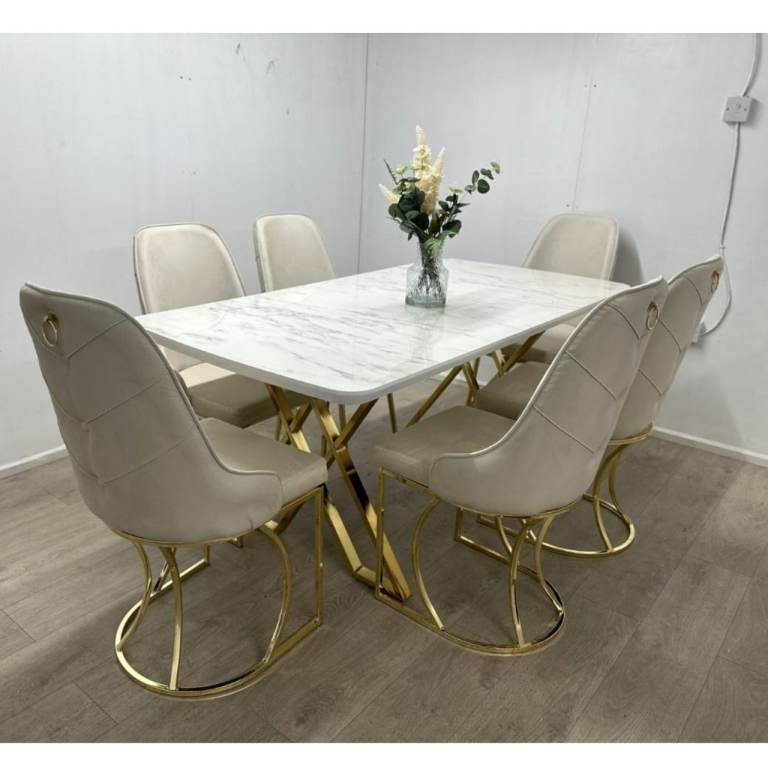Luxury White Marble Effect Dining Table & 6 Cream Velvet Chairs with Gold Legs