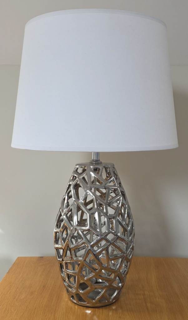 Modern Chrome Geometric Lattice Table Lamp with White Shade