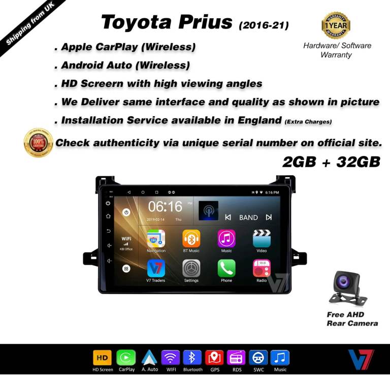 Prius 2016-21 CARPLAY Android Auto HD Screen Head Unit GPS Stereo LCD Panel V7
