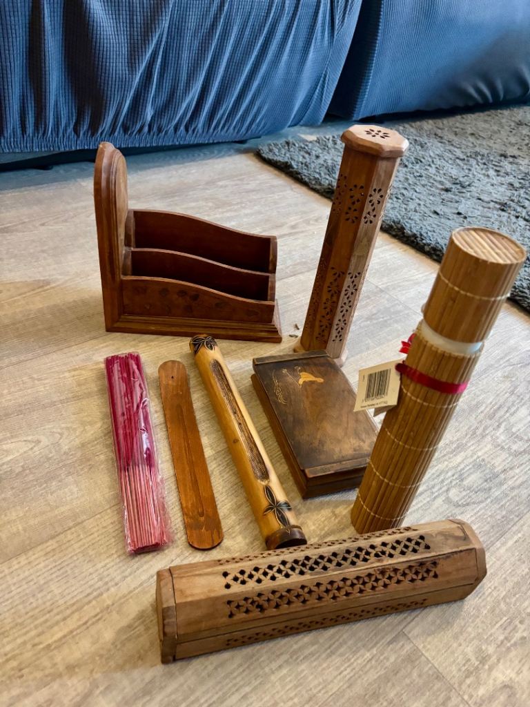 Wooden Incense Burners and Letter Holder Set – Good Condition