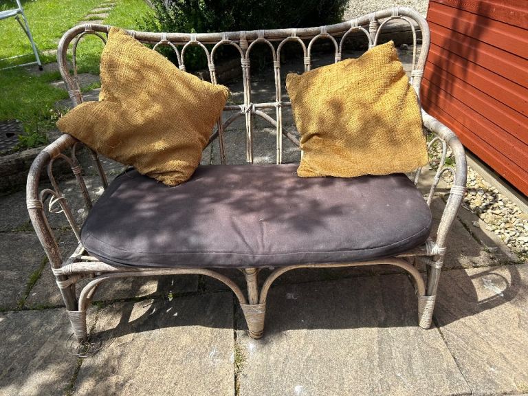 Lovely Rattan Garden Bench with Cushions – fair Condition
