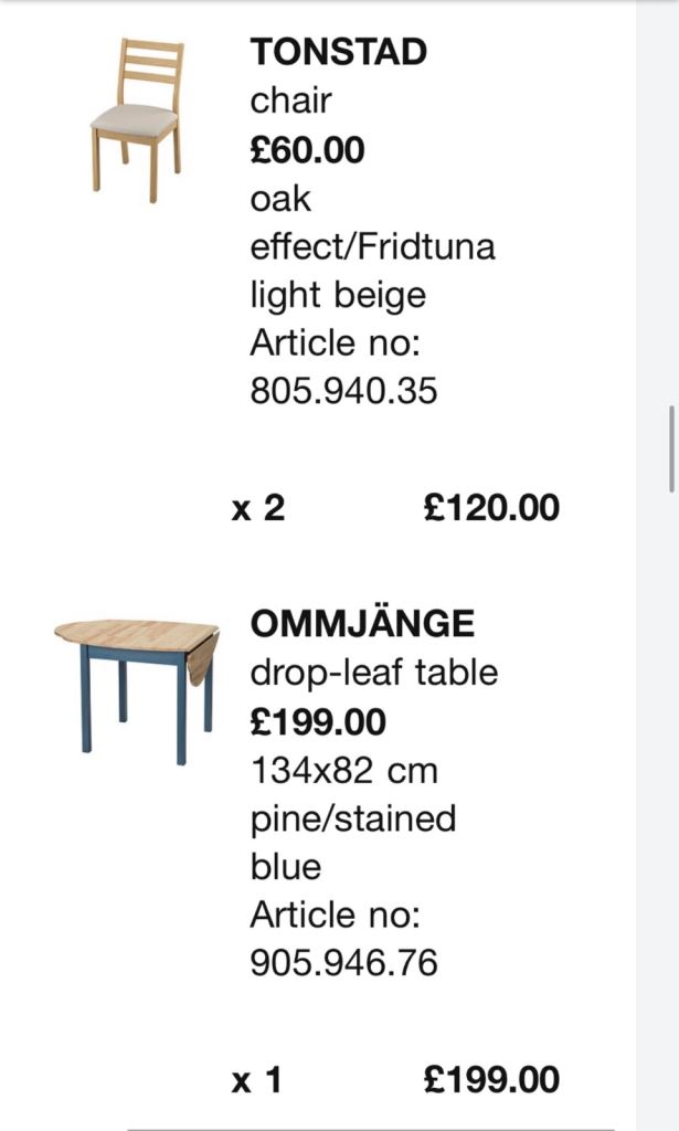 IKEA drop leaf dining table and two chairs 