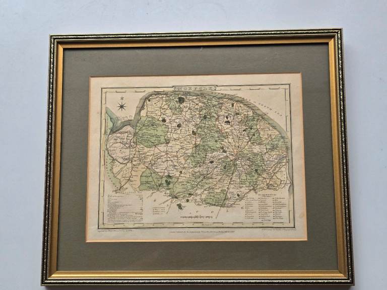 1808 Antique Georgian Era Norfolk England Engraved Framed Map by J Roper Measures about 30cm x 20cm