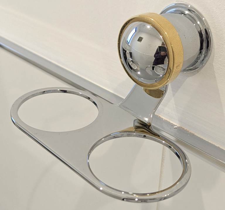 KEUCO APOLLO 2 GLASS TUMBLERS CHROME HOLDER GOLD TRIM 14cm W x 11cm D x 9.5cm H