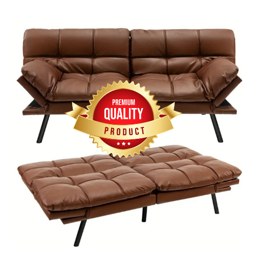 New 2-Seater Convertible Leather Loveseat Sofa Bed – Adjustable Memory Foam Sleeper Couch, Brown