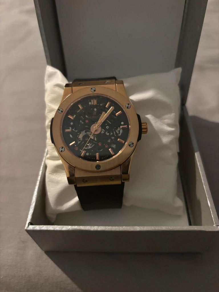Hublot  Watch – Rose Gold Tone, Black Strap, As Good As New