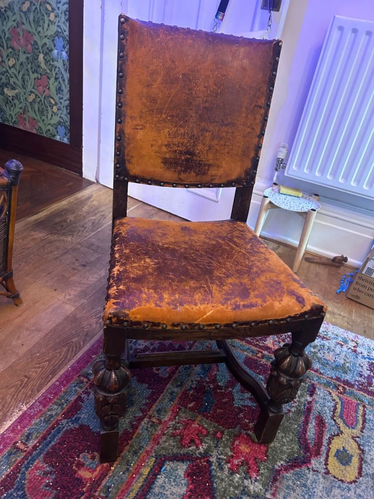 Free six large heavy old leather dining chairs 