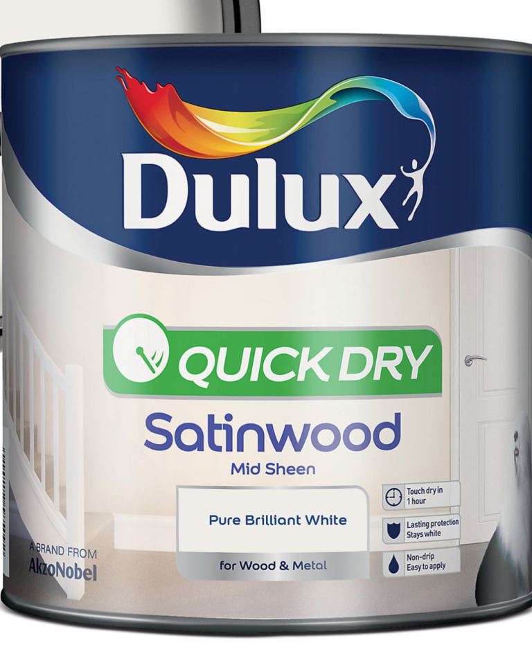 Dulux satinwood white paint 2.5 litre with brushes