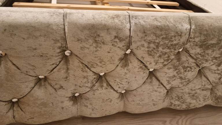 Double Bed Frame Gray Velvet With Diamond Design