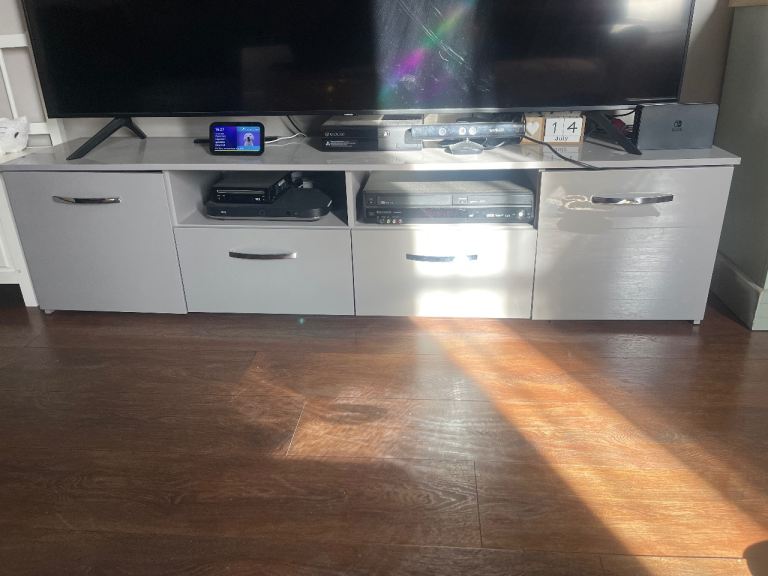 Grey TV Unit with Storage Drawers and Shelves