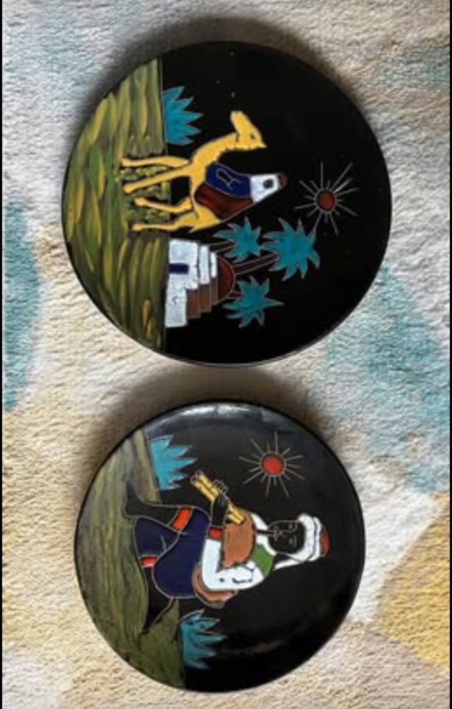 Excellent Ceramic hanging  2 Wall Plates  Painted Camel Desert Scene 32cm Snake charmer scene 27cm