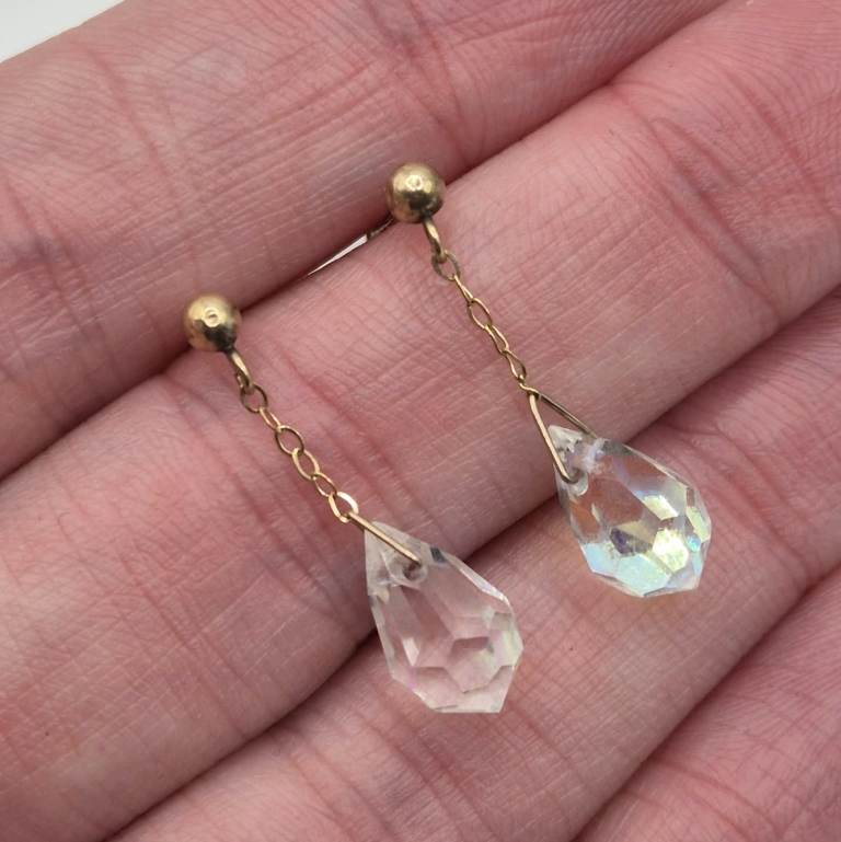 Vintage 9ct gold & Arora borealis drop earrings