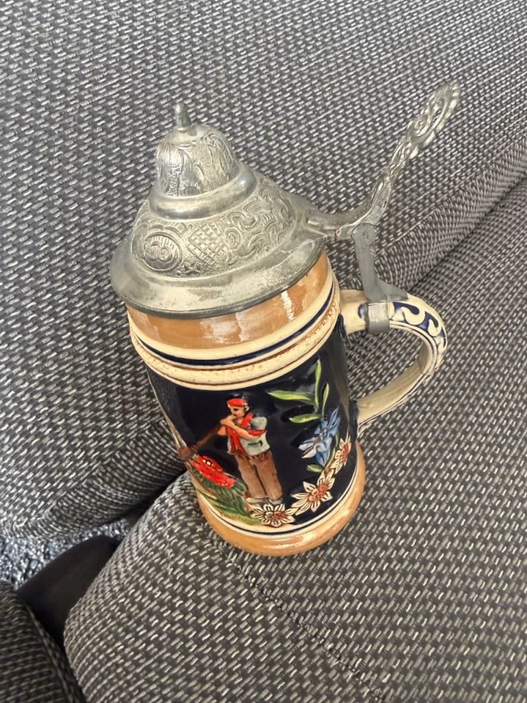 Vintage Ceramic Beer Stein with Pewter Lid – Good Condition