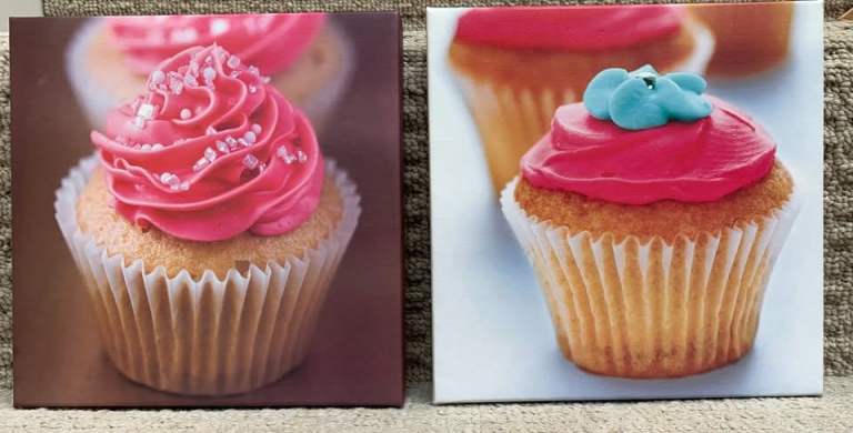 PAIR OF LOVELY SMALL CANVAS - PINK CUPCAKES - 20X20CM - NEW