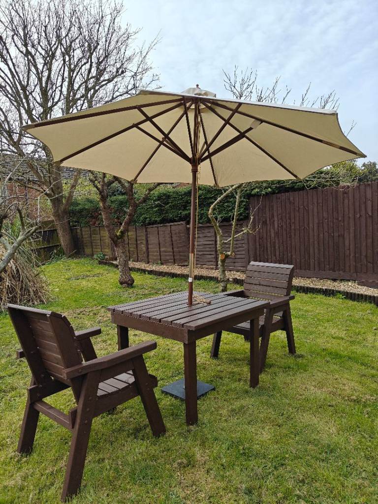 Wooden Solid Garden Patio Furniture Set, Chair x2, Table x1, Parasol x1, Parasol Stand x1