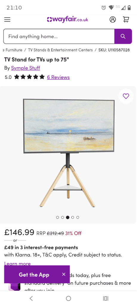 Wayfair easel TV stand for upto 75 inch tv