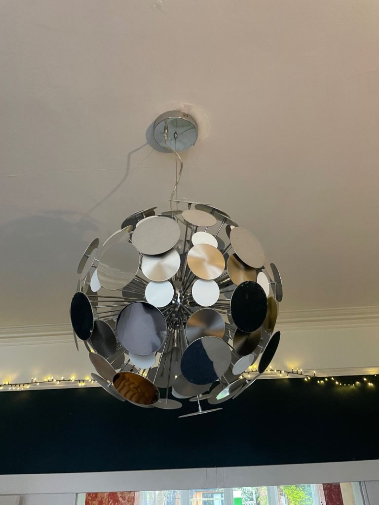 Metal disc pendant light silver chrome and white large