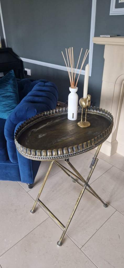 image for Metal oval antique tray on stand.  Oval  61cm x 40cm.  Stand height 67cm. £10