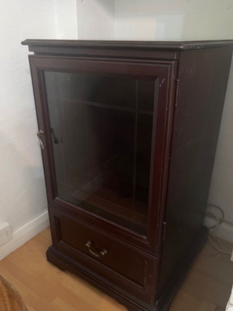 Dark Wood Display Cabinet with Glass Door and Drawer
